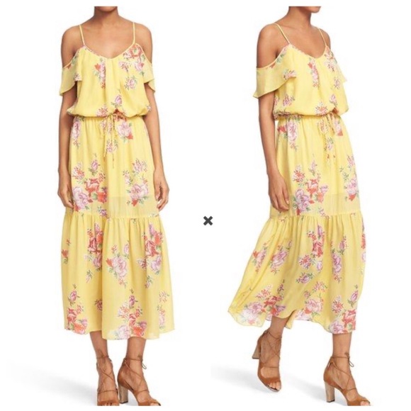 Joie Annada Silk Yellow Floral Ruffle Maxi Dress